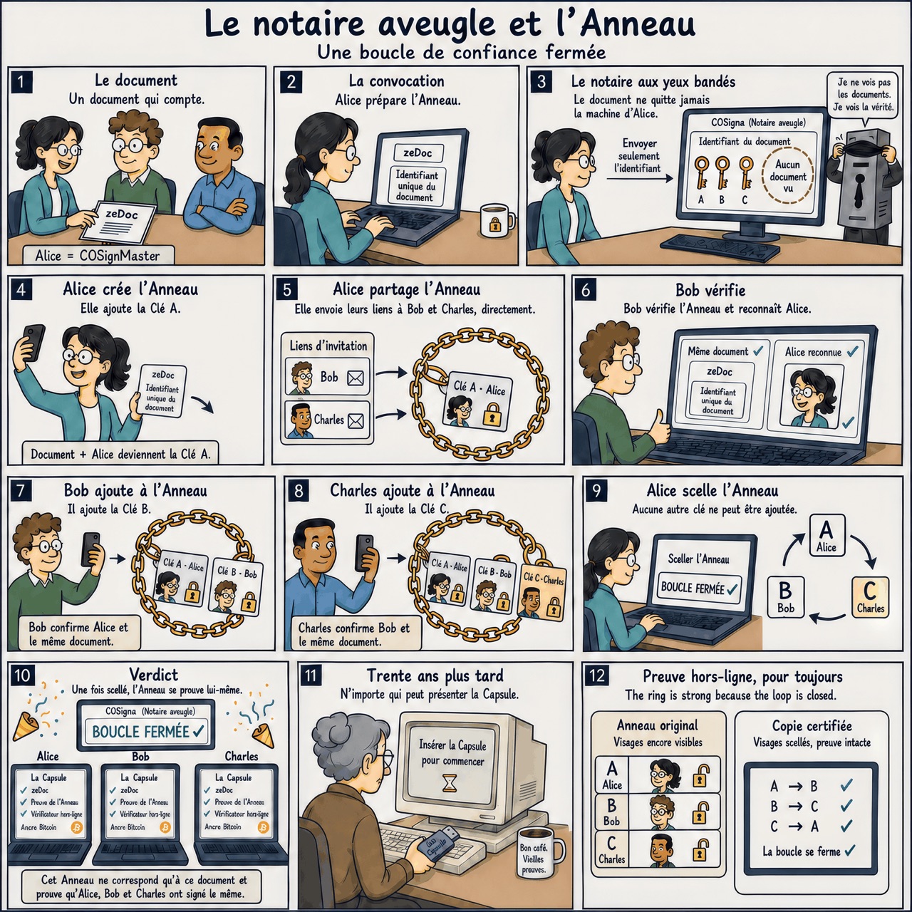 Le notaire aveugle et la Cérémonie — toute l'histoire en douze vignettes